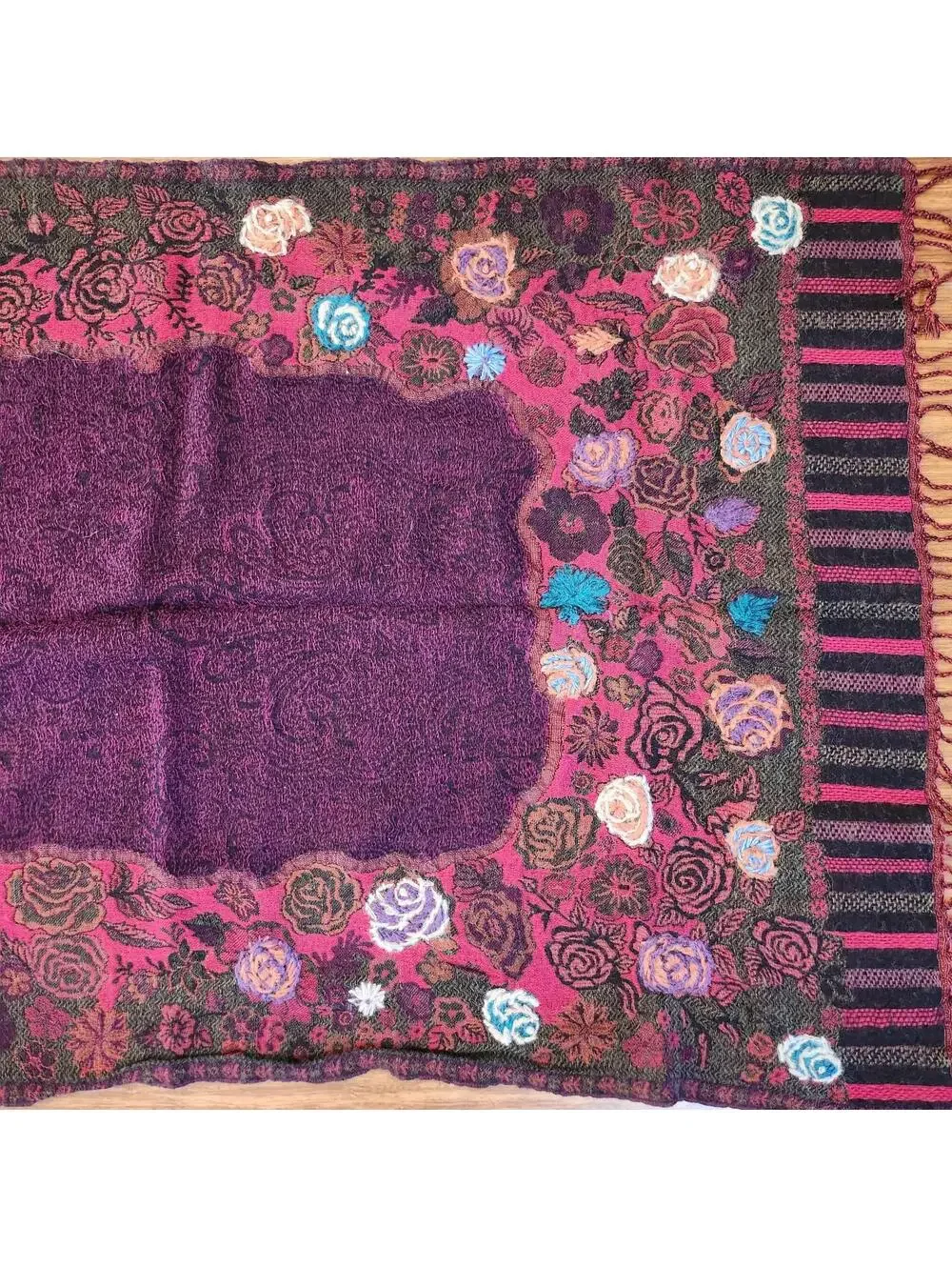Cozy Floral Embroidered Purple Wool Scarf with Fringe